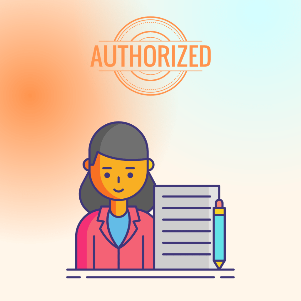 A stamp of authority along with a young professional woman. Represents authority in a specific niche. 