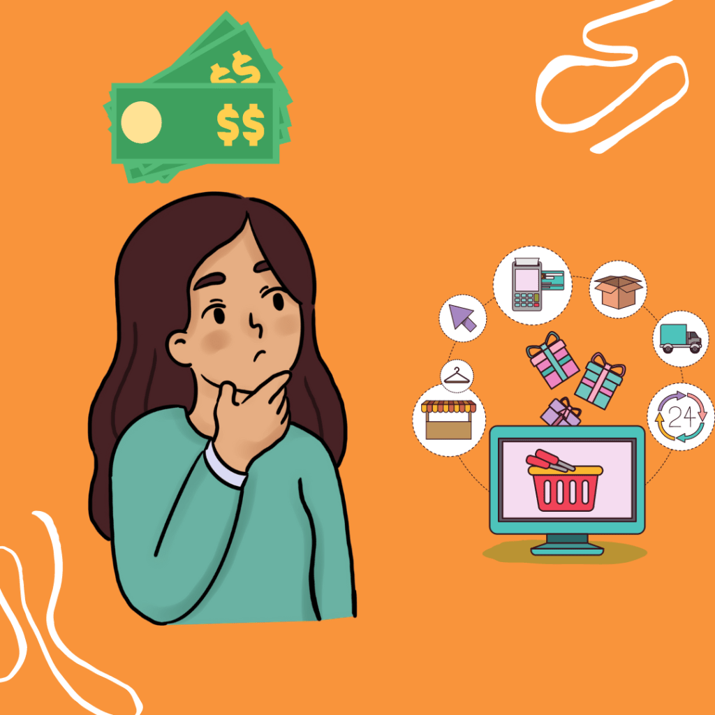 A consumer with money above her head thinking about the different purchases that she can make. 